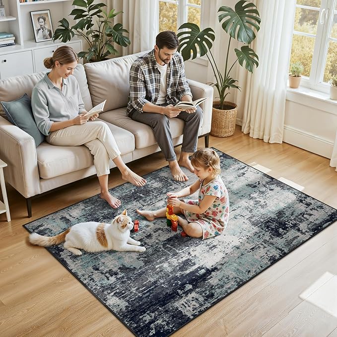 RELEANY Washable Area Rugs 4'x6' Non-Slip Modern Abstract Soft for Living Room Entryway Bedroom Nursery, Print Pattern, Blue Black Teal