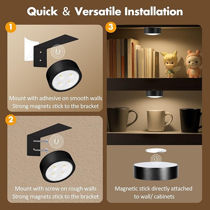 6Pcs Picture Lights for Wall Battery Operated, Magnetic Led Painting Light with Remote Dimmable and Timer, 3 Lighting Modes Art Display Light for Picture Frame, Wireless Wall Decor Puck Lights, Black