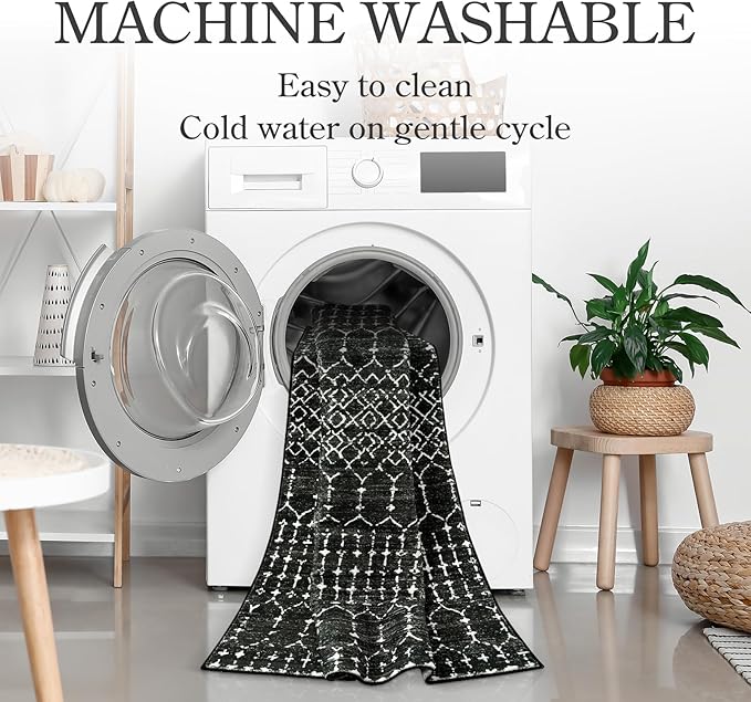 Lahome Moroccan Black Area Rug for Living Room 3x5 Non-Slip Washable Stain Resistant Large Kitchen Rugs Throw Low-Profile Soft Bedroom Carpet Geometric Print Rug for Entryway Dining Room Hana