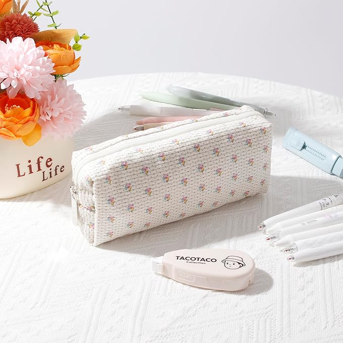 Pencil Case Lightweight Aesthetic Pen Case Office College School Storage Bag Pouch Holder Box Organizer Makeup Pouch Cosmetic Bag for Girls Boys Kids (Flowers-Apis)