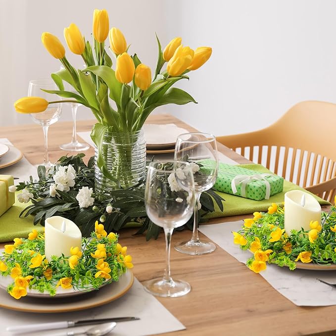 Daifunli 2 Pcs Spring Summer Faux Primrose Flowers Candle Rings Artificial Silk Yellow Flower Farmhouse Wreaths for Pillar 3.9 Inch Candles Holder for Spring Summer Rustic Table Centerpiece Decor