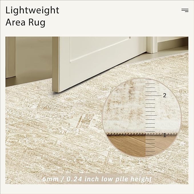 Soalmost 5x7 Area Rugs Beige Low Pile Indoor Washable Trendy Faded Style Floral Rugs for Bedroom Living Room Dining Room Foldable Non-Slip Thin Print Mat