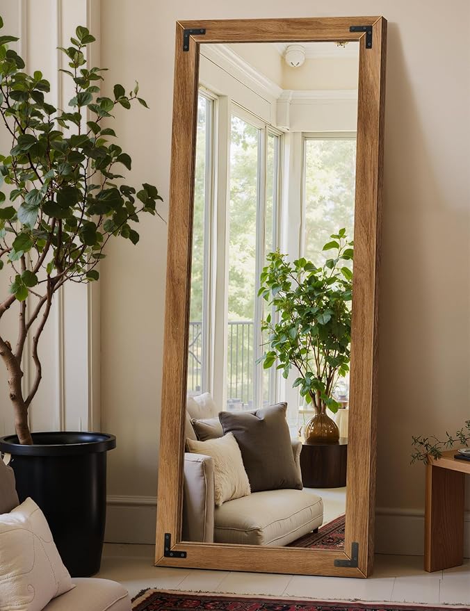 TRAHOME Full Length Mirror with Wooden Frame, 65"X24" Solid Wood Standing Floor Mirror for Farmhouse, Bathroom, Bedroom, Hanging or Leaning Wall-Mounted