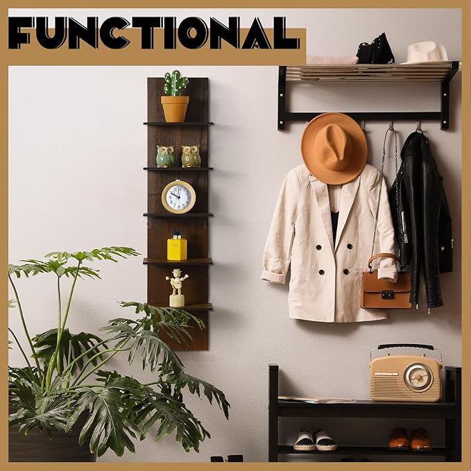 Yuntau 2 Pieces 5 Tier Wall Shelves for Bedroom 31.4 Inches Split Assembly Type Mount Vertical Wall Shelf Column Lack Hanging Floating Shelf for Storage Organizer Design Home Living Room(Walnut)