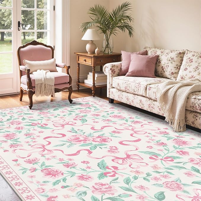 GENIMO 8X10 Washable Vintage Area Rugs for Living Room, Non-Slip Low Pile Chenille Print Rug, Soft Rugs for Bedroom Dining Room Home Office, Pastel Pink