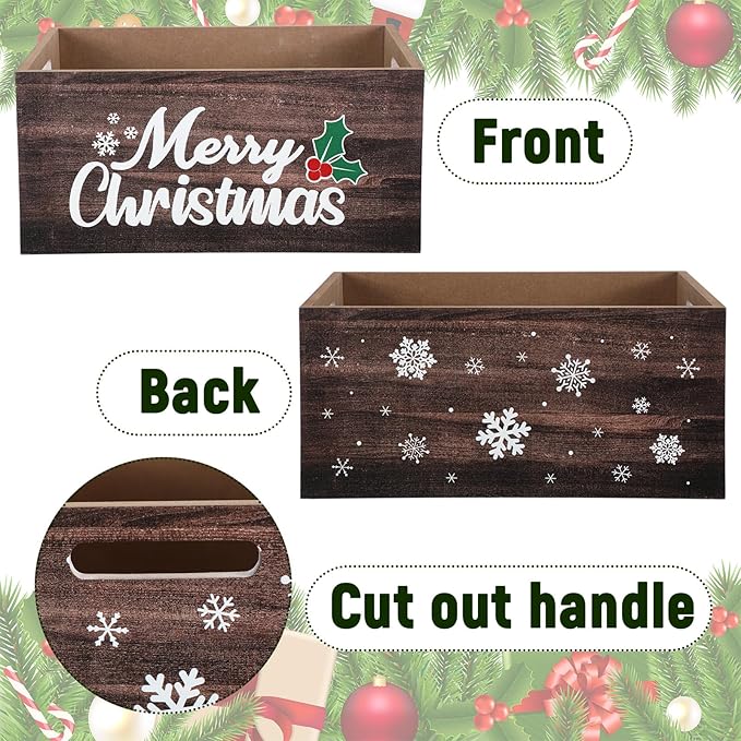 Namalu Christmas Hot Cocoa Bar Storage Box Wooden Crate with Handles Hot Cocoa Decorative Rustic Farmhouse Wood Basket Christmas Wood Storage Bins Organizer Bucket for Xmas Candy Dish Home (Wood)