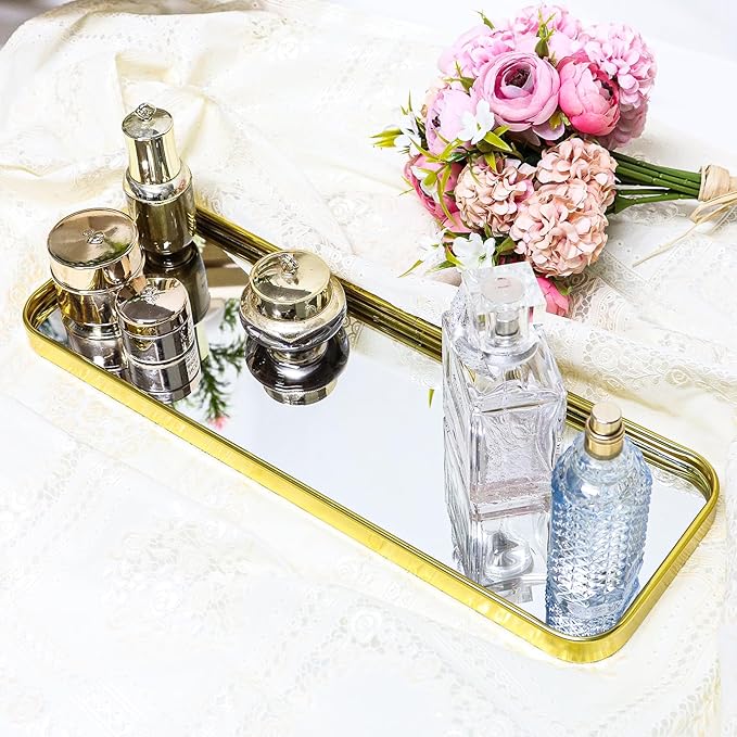 Luxury Mirrored Vanity Tray, Large Rectangular Stainless Steel Perfume Organizer, Gold Glass Mirror Decorative Tray for Makeup, Jewelry, Dresser, Bathroom Countertop (Gold)