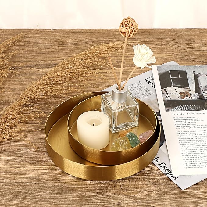 Hipiwe Round Key Bowl for Entryway 7.1" Gold Decorative Tray Jewelry Ring Dish Stainless Steel Candle Holder Plate Perfume Tray Metal Vanity Trays for Bathroom Dresser Home Decor