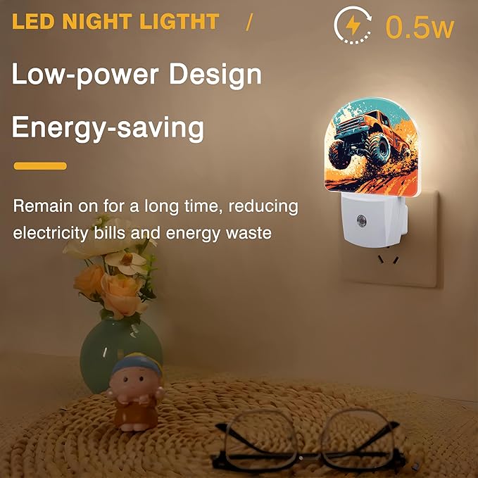 Night Lights Plug into Wall Cartoon Monster Truck Night Light Dusk to Dawn Smart Sensor Decorative Round Led Lamp for Bedroom Kitchen Hallway Nightlight for Women Men