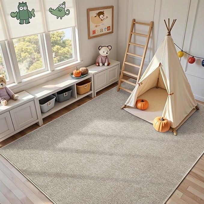 FinRèc 4x6 Washable Area Rugs for Bedroom Living Room, Low Pile Thin Rug Solid Color, Non-Slip Carpet Indoor for Home Decor (Greige/White)