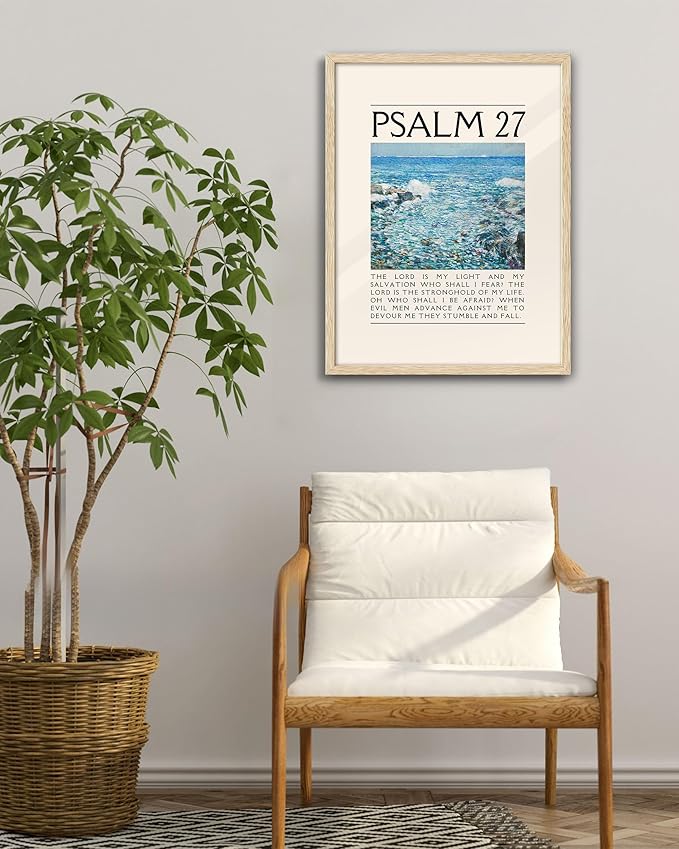 EcoHest Large 16x20in OAK Wood Framed Wall Art, Psalm 27 Bible Verse Christian Canvas Wall Decor, Modern Jesus Wall Prints for Bedroom, Living Room, Bathroom, Religious Gift, 1 Pack