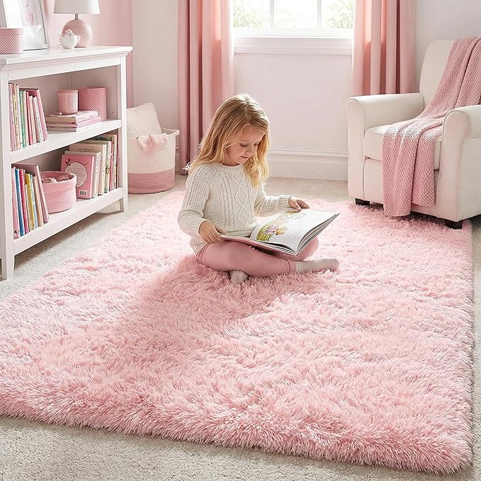 Pink Area Rugs for Bedroom Girls, Living Room Decor, Fluffy Fuzzy Shag Rug 4x6 for Kids Room, Soft Cute Indoor Floor Carpet for Baby, Teen, Nursery, Preppy Dorm, Playroom, Plush Aesthetic Bedside Rug