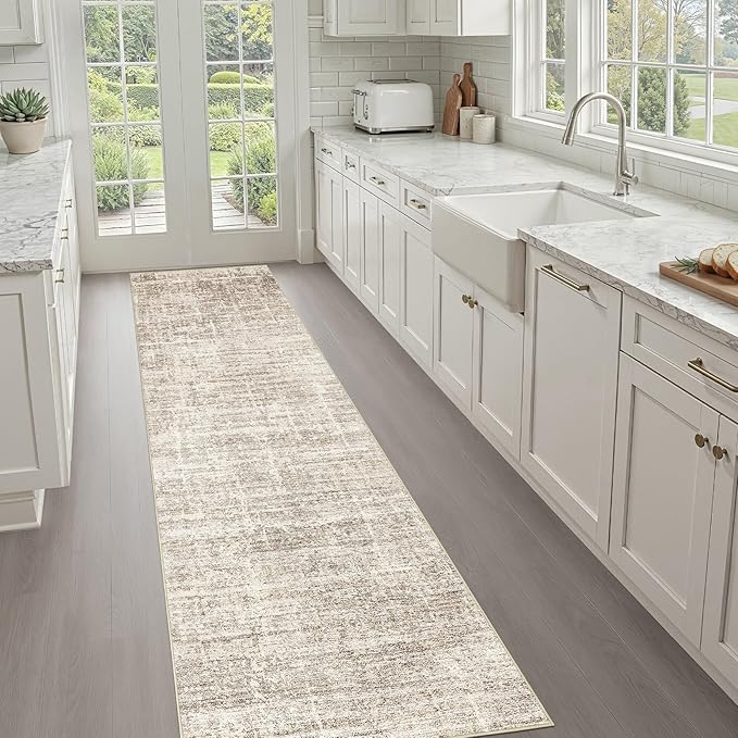 Runner Rug Non-Slip Kitchen Rug: 3x10 Washable Abstract Modern Soft Stain Resistant Indoor Floor Neutral Accent Throw Carpet for Hallway Bathroom Laundry Room Bedroom Entryway- Brown