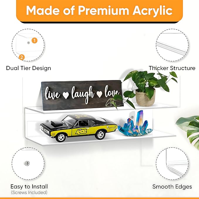 Clear Acrylic Floating Shelves - 2 Tier Wall Mounted Bathroom Organizer Set of 2 (18") - Space Saving Display Shelf for Makeup, Skincare, Kitchen Spices, & Home Decor