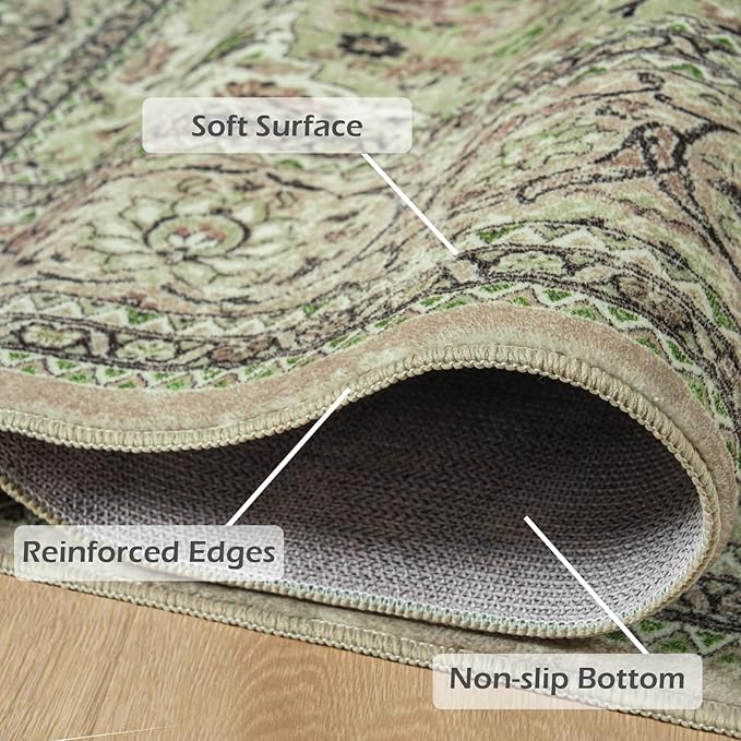 Goideal Washable Rug 6x9, Sage Green Area Rugs Non Slip, Indoor Low Pile Carpet with Rubber Backing for Living Room Kitchen Bathroom Entryway Office Bedroom