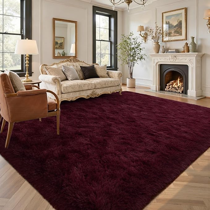 8x10 Area Rugs for Living Room Red Shag Fur Rug, Modern Non-Slip Soft Plush Carpets for Girls Woman Female Wedding Bedroom Home Décor Aesthetic Dark