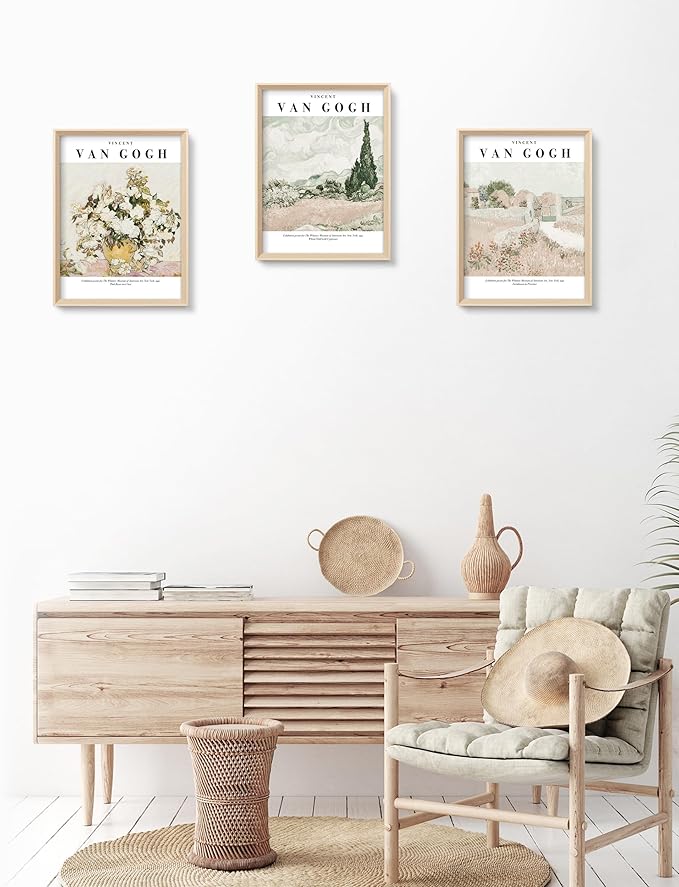 HesenDot Van Gogh High Framed Wall Art Set of 3, 12x16in Neutral Floral Canvas Prints, Abstract Landscape Artwork for Living Room Bedroom Gallery Office Home Décor