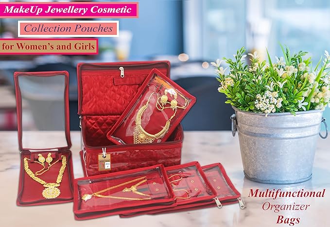 atorakushon Fabric Jewellery Organizer Make Up Kit with 5 Pouch (Maroon, Large)