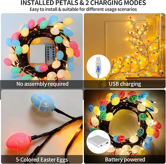 FNHMSL Easter Egg Enchanted Willow Vine Lights, 7.55FT 144LED 4 Color Easter Egg Tree Branch Lights for Wall, Remote Timer,8 Light Model,Bedroom Wall Doors Wedding, Christmas, USB Battery Box