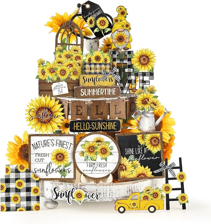 Bucherry 23 Pcs Sunflower Tiered Tray Decor Spring Decorations for Home Farmhouse Decorative Trays Wooden Sign Table Centerpieces for Home Kitchen Shelf supplies (Sunflower)