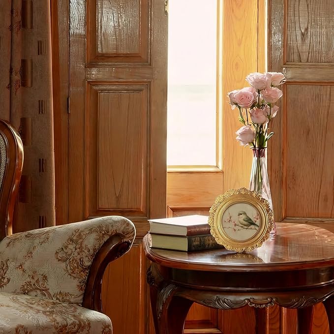 Small Vintage Bird Spring Round Picture Frame Wall Decor, Flower Gold Mini Ornate Photo Frame for TableTop Desk 2.7in Photo, Rustic Farmhouse Framed Artwork for Walls Office Bedroom Shelf