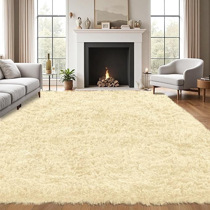 8x10 Area Rug for Living Room:Ultra Soft Fluffy Shag Cream White Rugs,Large Fuzzy Plush Indoor Non Slip Carpet Washable Rug for Bedroom Kids Nursery Office Dorm Modern Decor(Cream White 8'x10')