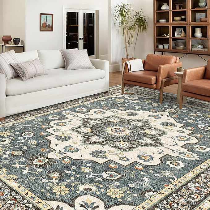 TOPRUUG Washable Oriental Area Rug - 10x12 Rugs for Living Room Soft Carpet for Bedroom Waterproof Floral Distressed Indoor Stain Resistant Non-Shedding Floor Carpets (Blue, 10x12)