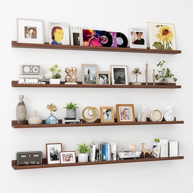 Axeman Picture Ledge Shelf | 55 Inch Walnut Floating Shelves Set of 4 | Rustic Wood Wall Shelves with Lip | 55" Walnut Picture Shelves for Wall with Ledge | Photo Shelves