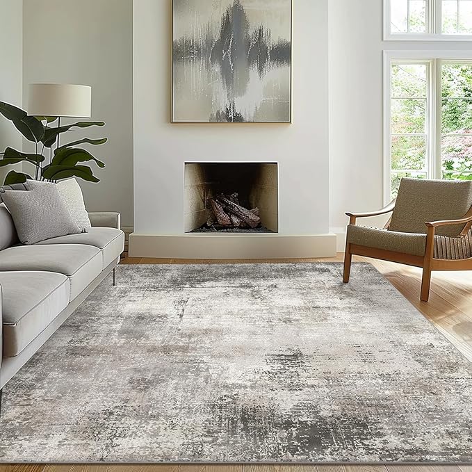 GENIMO 8x10 Area Rugs for Living Room, Machine Washable Non Slip Rugs, Low Pile Lightweight Modern Distressed Print Rug for Bedroom, Dining Room, Home Office, Abstract Grey