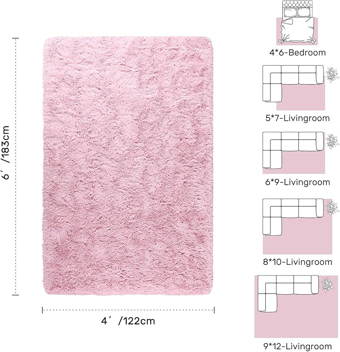 Pink Rugs for Living Room Fluffy 4x6 ft Bedroom Rug Non-Slip Area Rugs Shag Carpet for Nursery Kids PlayRoom Dorm Office Indoor Modern Plush Carpets Girls