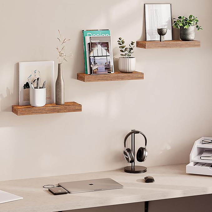 Ballucci Floating Shelves, 16" Wood Wall Shelf Set of 3, Invisible Brackets Floating Shelf for Wall Decor Living Room, Bathroom, Bedroom, Kitchen, 6" Depth, Rustic Brown