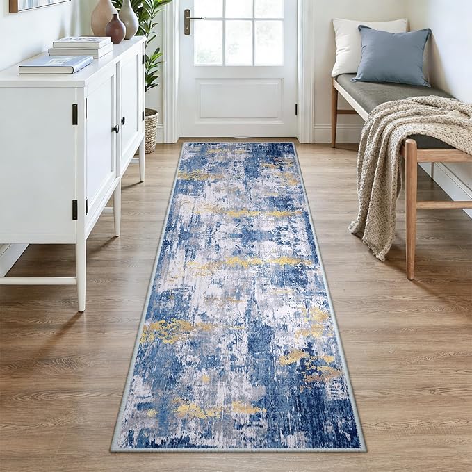 RELEANY Washable Area Rugs 3x8 Non-Slip Modern Abstract Soft for Living Room Entryway Bedroom Nursery, Print Pattern, Grey Blue Gold/Golden