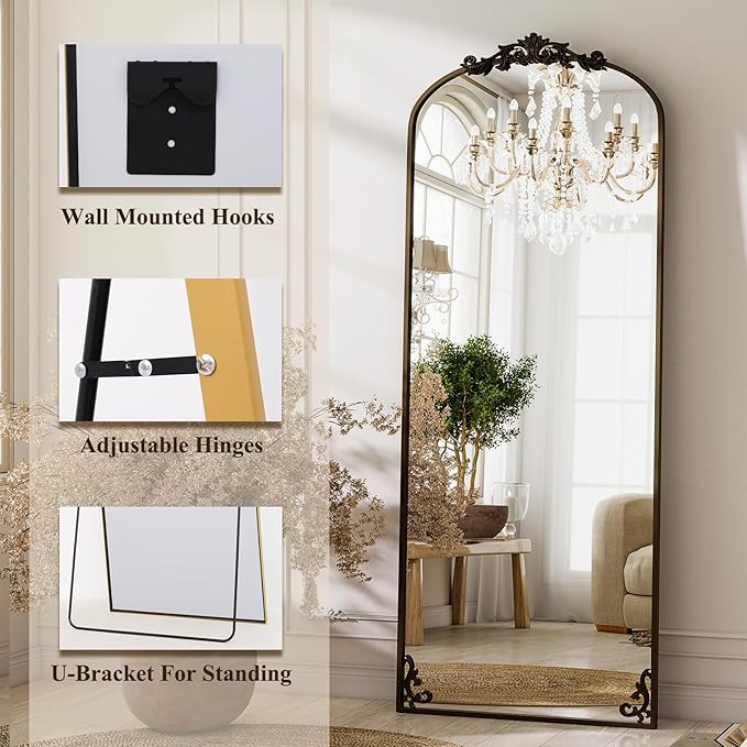 GLSLAND 56"x21" Vintage Full Length Mirror - Carved Arched Floor Mirror Baroque Full Body Mirrors for Bedroom Living Room Entryway,BRE