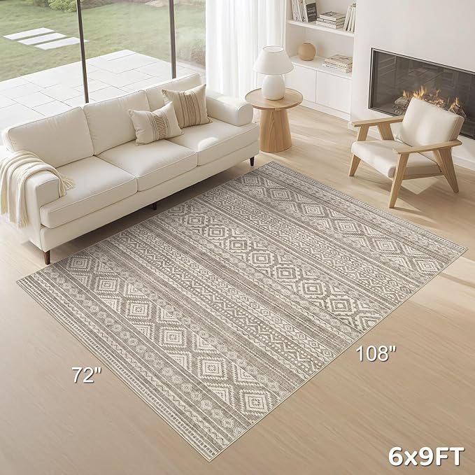 cotiled 6x9 Area Rug Living Room: Washable Boho Rugs with Non Slip Backing Large Soft Indoor Stain Resistant Carpet for Bedroom Farmhouse Dining Room Lightweight Home Decor Coffee Brown