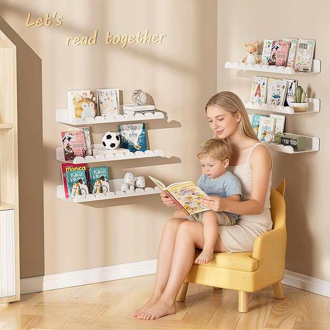 6-Pack Nursery Book Shelves, Scalloped Floating Shelves for Wall Kids, 15.7" Wood Wall Book Shelf for Bedroom Kids, Toddler Room, Baby Room, Nursery Decor,All White