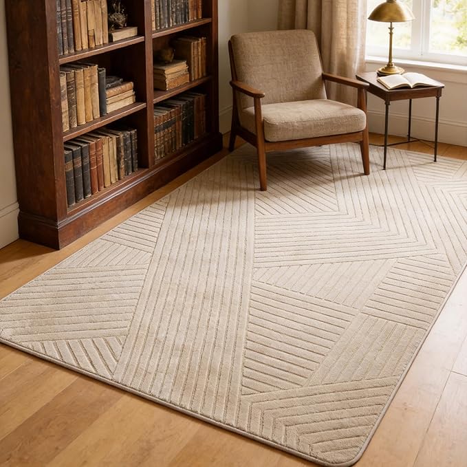 8x10 Solid Color Area Rugs, Brown Modern Geometric Rug, Living Room Rug, Durable Non-Slip Soft High-Low Pile, Fluffy Floor Rugs for Bedroom, Kids Room, Nursery, Home Décor, Light Brown