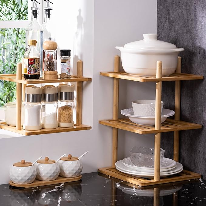 3-Tier Cabinet Organizer Shelf - Bamboo Corner Rack for Kitchen Counter, Cabinet Space Saver for Plates, Dishes, Bowls, Bread - Pantry and Bathroom Storage or Countertop(1, 3Tier-Large-6.7"H)