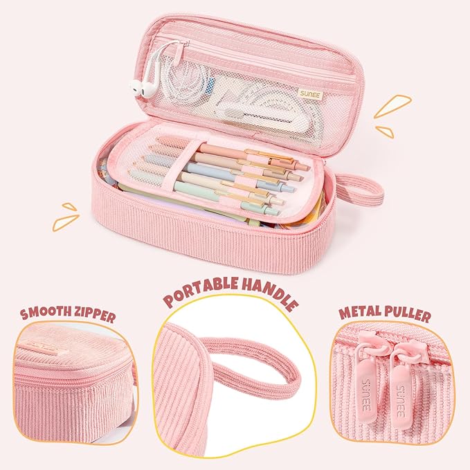 SUNEE Cute Pencil Case, Large Capacity Pencil Pouch Aesthetic Zipper Pencil Bag, Big Storage Pen Organizer for Stationery, Soft Corduroy Pencil Box Back to School Supplies for Teen Girls Boys, Pink