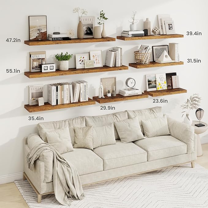 Fun Memories 55 Inch Fireplace Mantel Shelf, 9.3" Deep Floating Shelves for Wall, Long Wall Mounted Farmhouse Display Shelves with Invisible Heavy Duty Metal Bracket, Brown, 2 Pack