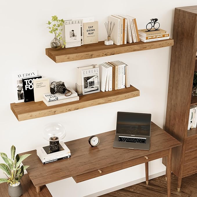 Vivelove Live Edge Floating Shelves Solid Wood, Elm Shelves for Wall with Invisible Bracket for Living Room Bedroom Bathroom Office Book, Rustic Farmhouse Wooden Shelf, 72 Inch Set of 1- Natural