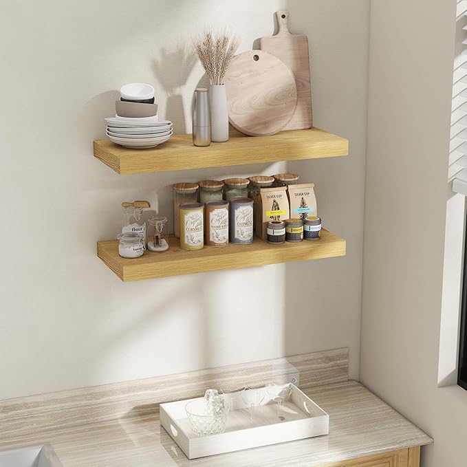 Fun Memories 32 Inch Oak Floating Shelves for Wall, 12 Inch Deep Shelves for Bathroom|Kitchen|Bedroom, Wall Mounted Rustic Wood Floating Shelf with Invisible Brackets for Books|Storage|Decor, 2 Pack