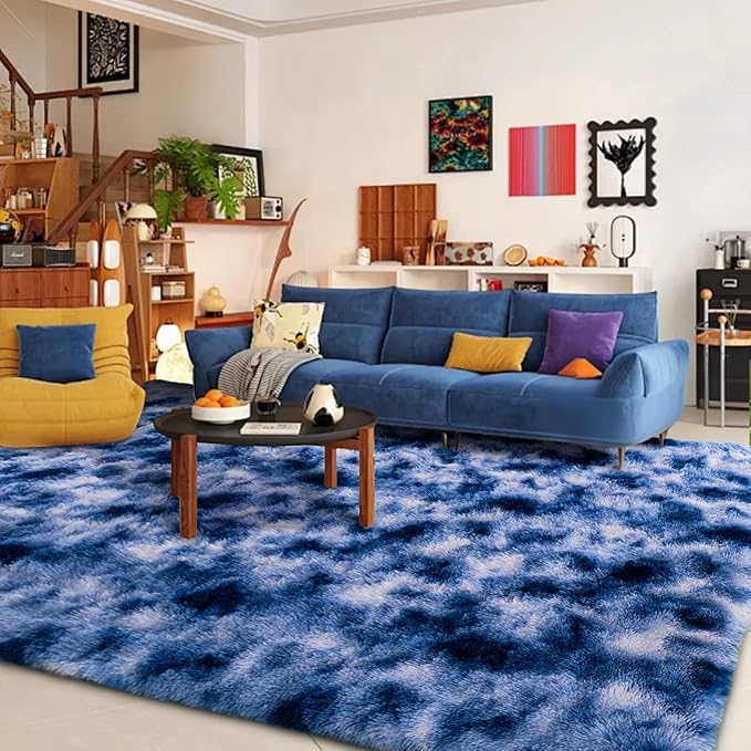 5x7 ft Fuzzy Rug for Living Room Soft Fluffy Blue White Bedroom Area Rugs Non-Slip Shaggy Carpet for Nursery Kids PlayRoom Dorm Office Indoor Modern Plush Carpets