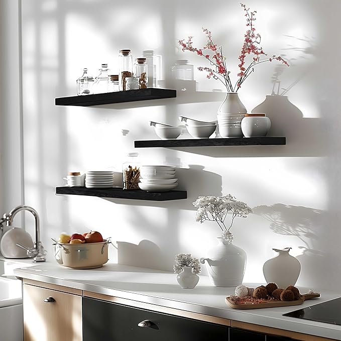 GXYAWPJ 24 Inch Floating Shelves for Wall Rustic Black Wood Wall Shelves for Bedroom Set of 4