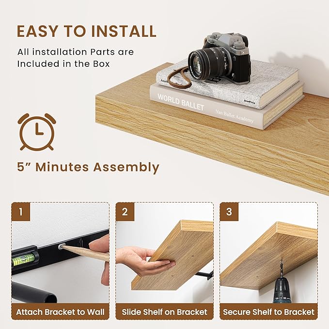 fuqing Floating Shelves for Wall, Wall Mounted Wood Floating Shelf with Invisible Brackets for Living Room, Bathroom, Bedroom, Kitchen Storage and Decor, 20 Inch Set of 2, Oak