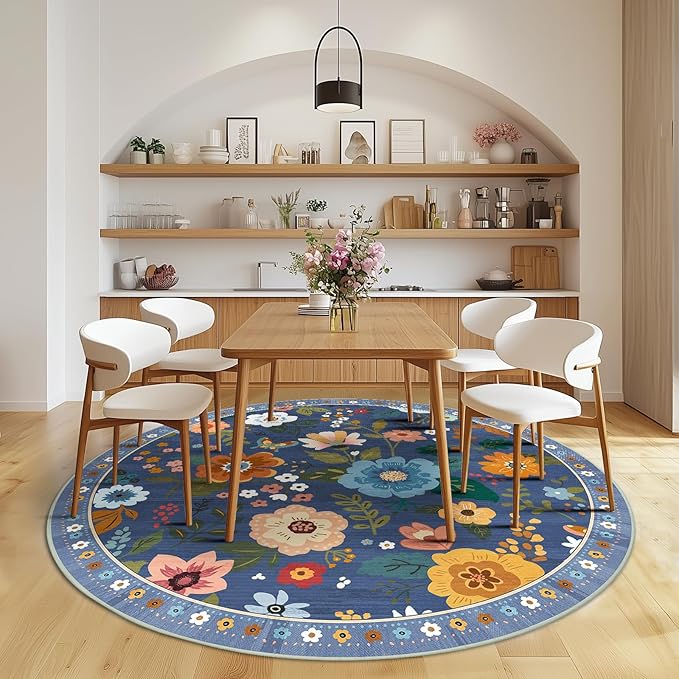 RELEANY Floral Nursery 8ft Area Rugs Washable Print Boho Cute Carpet Non Slip Flower Low Pile for Living Room Kids Girls Playroom Bedroom Kitchen Office Farmhouse-Blue/Grey