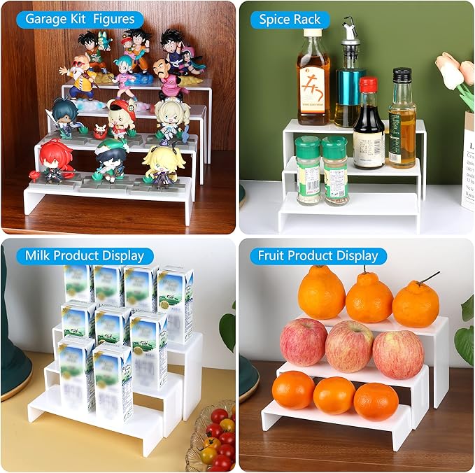 ELEGANTLIFE Acrylic Display Risers Set of 4, 4-Level Tiered Countertop Display Stands for Cupcakes, Mini Desserts, Jewelry, Cosmetics, Small Figures & Collectibles, White