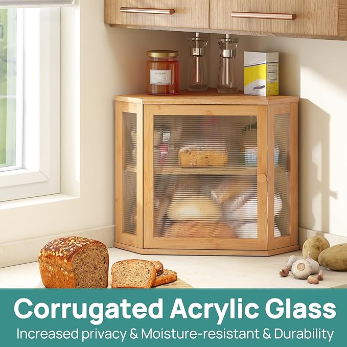 viewcare Corner Bread Box for Kitchen Counter, Bamboo Wood Large Capacity Bread Storage Bin with Acrylic Wavy Door Panel (Natural, Meduim)
