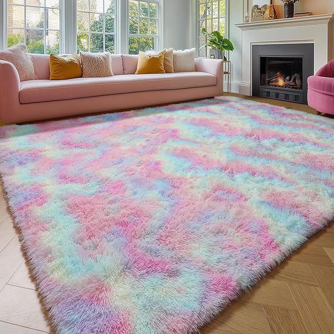 Amdrebio Rainbow Area Rugs for Girls Bedroom Kids Room Decor, 9x12 Large Pastel Colorful Rug for Playroom, Cute Unicorn Shaggy Rugs for Baby Princess, Kawaii Fluffy Plush Big Carpet for Living Room