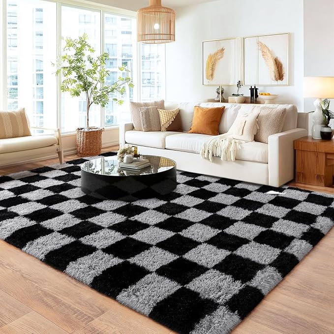 Checkered Rugs for Living Room 6x9, Ultra Soft Fluffy Rug for Bedroom, Modern Shaggy Carpets Fuzzy Rug for Girls Boys Room Home Indoor Nursery Teens Dorm Decor, Upgrade Non-Slip Durable, Dark Grey