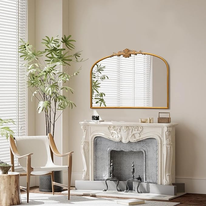 Besdomus Antique Arched Gold Mirror: 32"x24" French Large Antique Vanity Wall Mounted Mirror - Baroque Decorative Traditional Ornate for Fireplace/Bathroom/Bedroom - Wall Decor for Homemakers